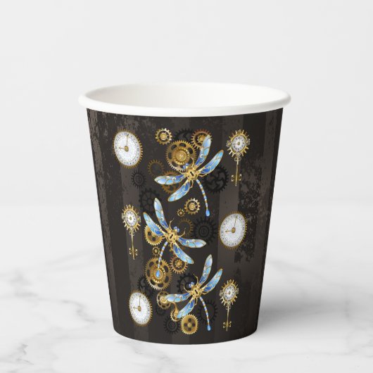 Steampunk Dragonflies op bruine gestreepte achterg Papieren Bekers (Voorkant)