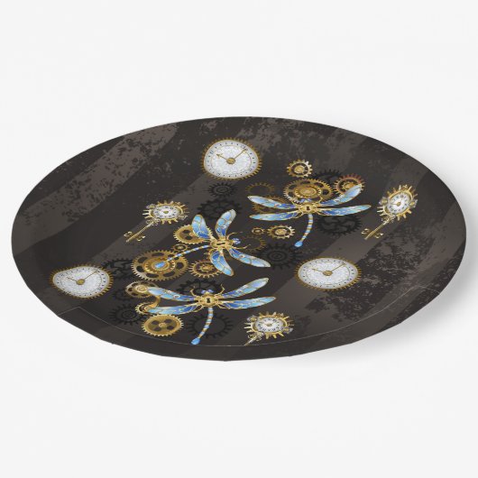 Steampunk Dragonflies op bruine gestreepte achterg Papieren Bordje (Gekanteld)