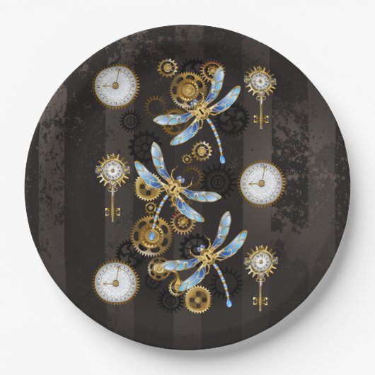 Steampunk Dragonflies op bruine gestreepte achterg Papieren Bordje (Voorkant)