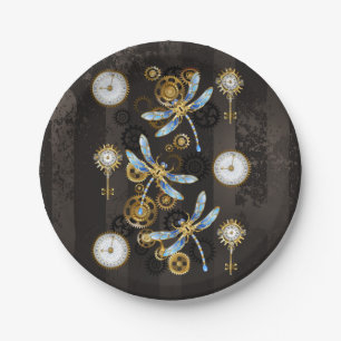 Steampunk Dragonflies op bruine gestreepte achterg Papieren Bordje