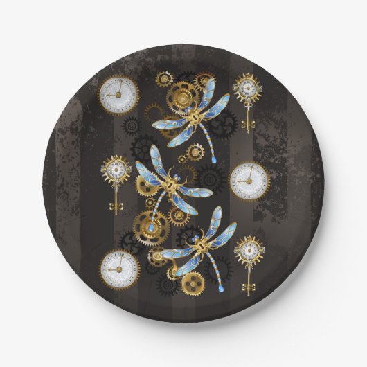 Steampunk Dragonflies op bruine gestreepte achterg Papieren Bordje (Voorkant)