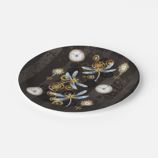 Steampunk Dragonflies op bruine gestreepte achterg Papieren Bordje (Gekanteld)