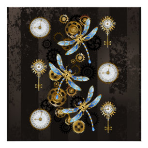 Steampunk Dragonflies op bruine gestreepte achterg Perfect Poster