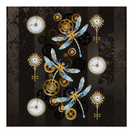 Steampunk Dragonflies op bruine gestreepte achterg Perfect Poster (Voorkant)