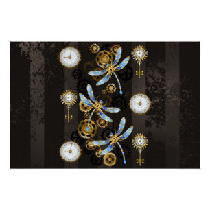 Steampunk Dragonflies op bruine gestreepte achterg Perfect Poster