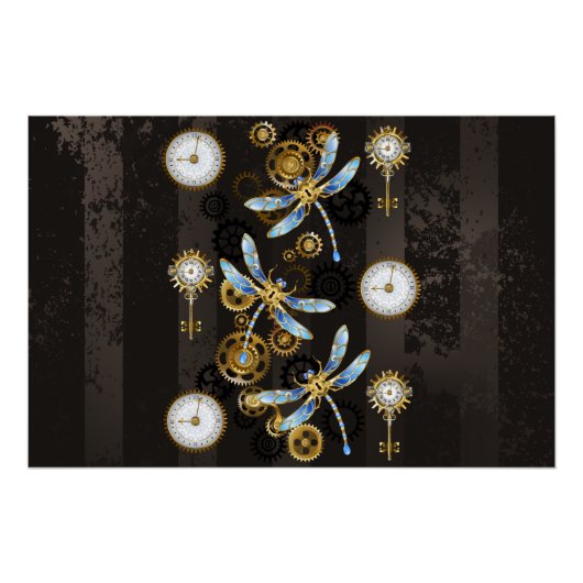 Steampunk Dragonflies op bruine gestreepte achterg Perfect Poster (Voorkant)