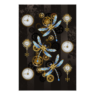 Steampunk Dragonflies op bruine gestreepte achterg Perfect Poster