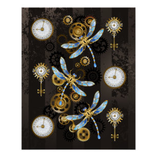 Steampunk Dragonflies op bruine gestreepte achterg Perfect Poster