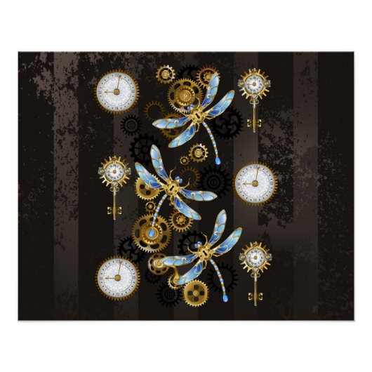 Steampunk Dragonflies op bruine gestreepte achterg Perfect Poster (Voorkant)