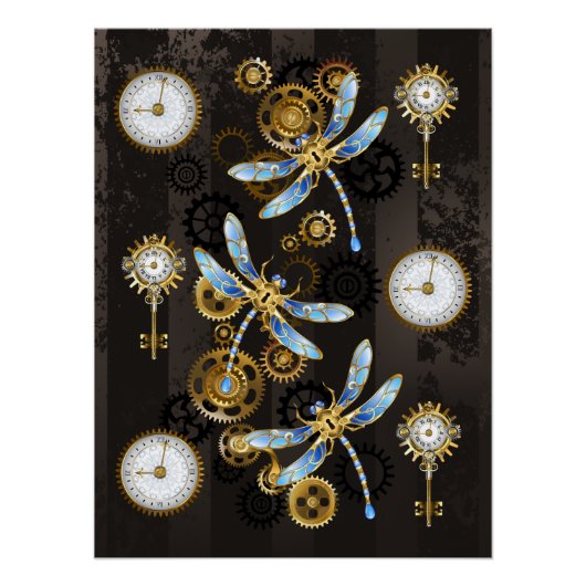 Steampunk Dragonflies op bruine gestreepte achterg Perfect Poster (Voorkant)
