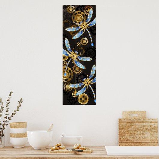 Steampunk Dragonflies op bruine gestreepte achterg Poster (Keuken)