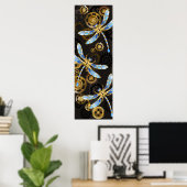 Steampunk Dragonflies op bruine gestreepte achterg Poster (Thuiskantoor)