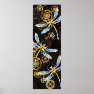 Steampunk Dragonflies op bruine gestreepte achterg Poster