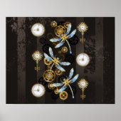 Steampunk Dragonflies op bruine gestreepte achterg Poster (Voorkant)