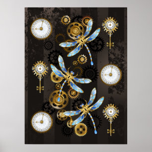 Steampunk Dragonflies op bruine gestreepte achterg Poster