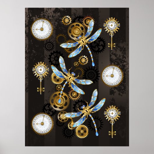 Steampunk Dragonflies op bruine gestreepte achterg Poster (Voorkant)