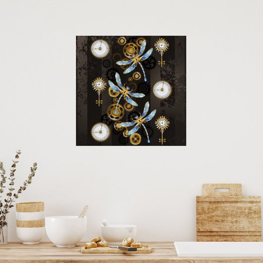 Steampunk Dragonflies op bruine gestreepte achterg Poster (Keuken)
