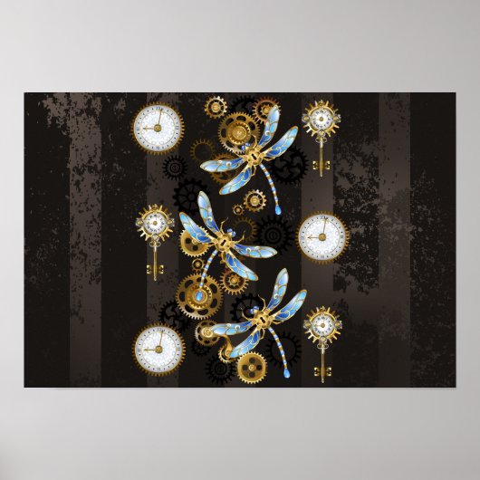 Steampunk Dragonflies op bruine gestreepte achterg Poster (Voorkant)
