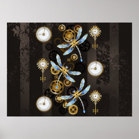 Steampunk Dragonflies op bruine gestreepte achterg Poster (Voorkant)