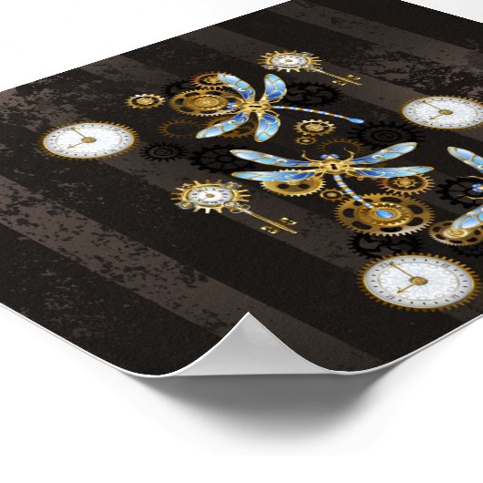 Steampunk Dragonflies op bruine gestreepte achterg Poster (Hoek)