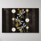 Steampunk Dragonflies op bruine gestreepte achterg Poster (Voorkant)