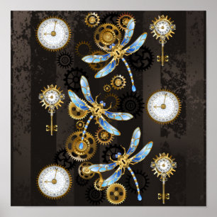 Steampunk Dragonflies op bruine gestreepte achterg Poster