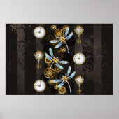 Steampunk Dragonflies op bruine gestreepte achterg Poster (Voorkant)