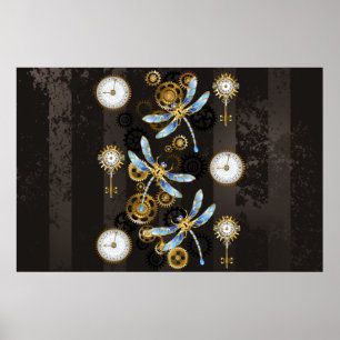 Steampunk Dragonflies op bruine gestreepte achterg Poster