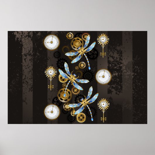 Steampunk Dragonflies op bruine gestreepte achterg Poster (Voorkant)