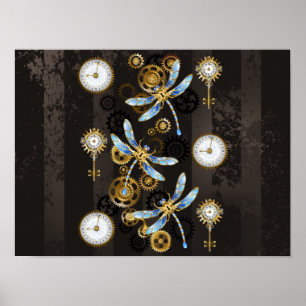 Steampunk Dragonflies op bruine gestreepte achterg Poster