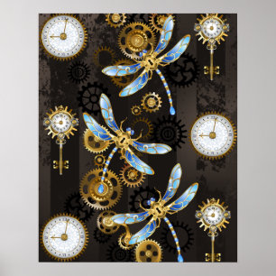Steampunk Dragonflies op bruine gestreepte achterg Poster