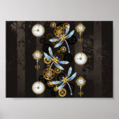 Steampunk Dragonflies op bruine gestreepte achterg Poster (Voorkant)