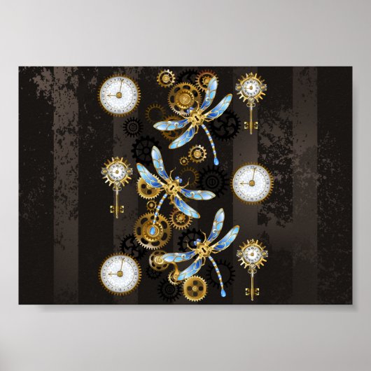 Steampunk Dragonflies op bruine gestreepte achterg Poster (Voorkant)
