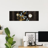Steampunk Dragonflies op bruine gestreepte achterg Poster (Thuiskantoor)