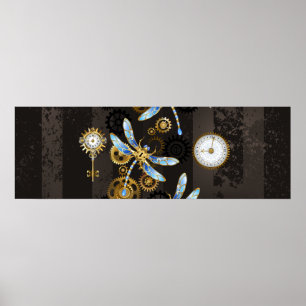 Steampunk Dragonflies op bruine gestreepte achterg Poster