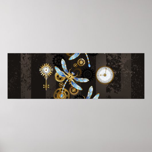 Steampunk Dragonflies op bruine gestreepte achterg Poster (Voorkant)