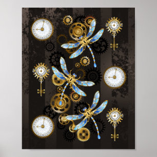 Steampunk Dragonflies op bruine gestreepte achterg Poster
