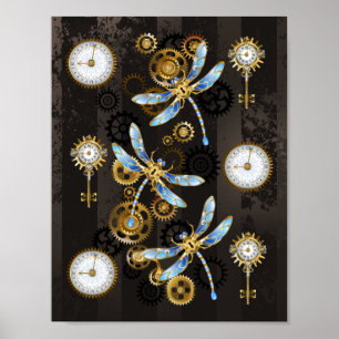 Steampunk Dragonflies op bruine gestreepte achterg Poster