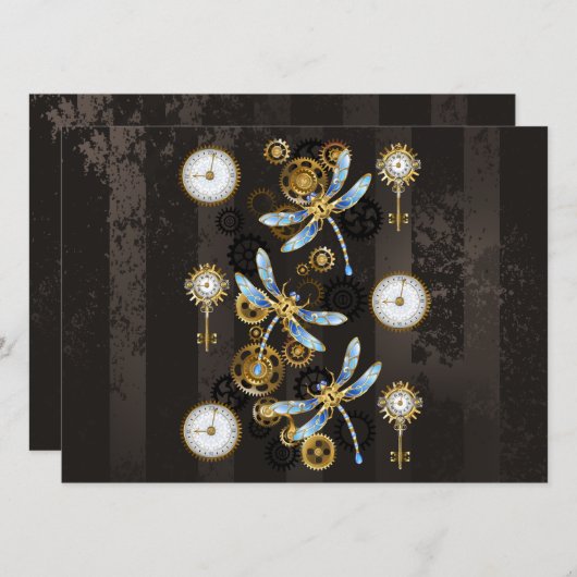 Steampunk Dragonflies op bruine gestreepte achterg Programmakaart (Voorkant / Achterkant)