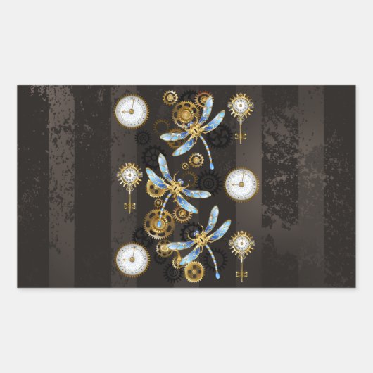 Steampunk Dragonflies op bruine gestreepte achterg Rechthoekige Sticker (Voorkant)