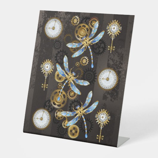 Steampunk Dragonflies op bruine gestreepte achterg Reclamebord Met Voetstuk (Voorkant)
