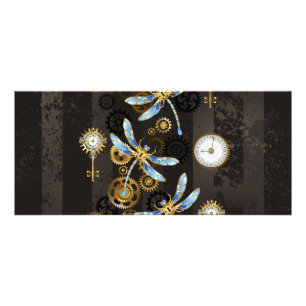 Steampunk Dragonflies op bruine gestreepte achterg Reclamekaart