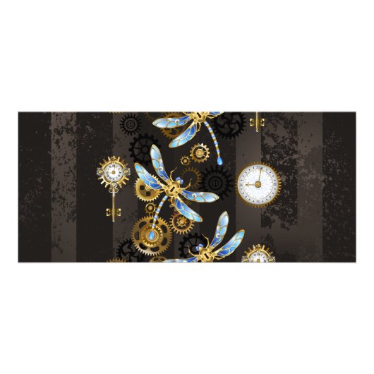 Steampunk Dragonflies op bruine gestreepte achterg Reclamekaart (Voorkant)