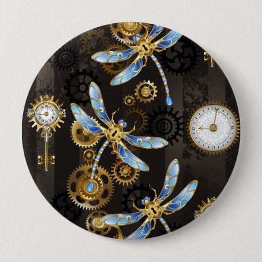 Steampunk Dragonflies op bruine gestreepte achterg Ronde Button 4,0 Cm (Voorkant)