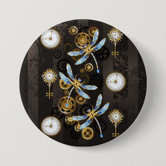 Steampunk Dragonflies op bruine gestreepte achterg Ronde Button 7,6 Cm (Voorkant)