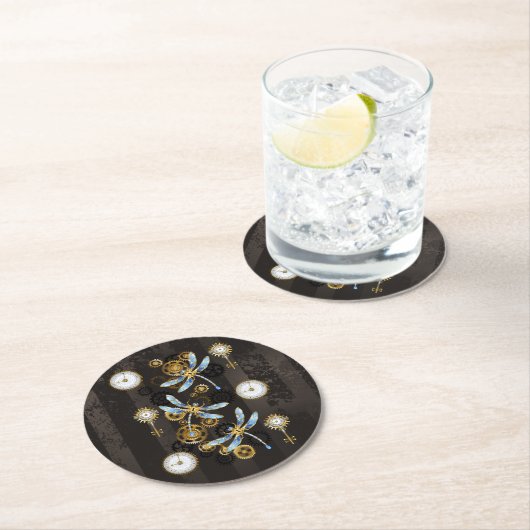 Steampunk Dragonflies op bruine gestreepte achterg Ronde Kartonnen Onderzetter (Insitu)