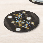 Steampunk Dragonflies op bruine gestreepte achterg Ronde Kartonnen Onderzetter (Gebogen)