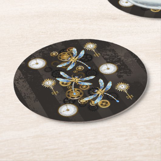 Steampunk Dragonflies op bruine gestreepte achterg Ronde Kartonnen Onderzetter (Gebogen)