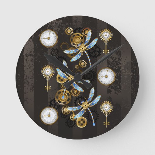 Steampunk Dragonflies op bruine gestreepte achterg Ronde Klok (Voorkant)