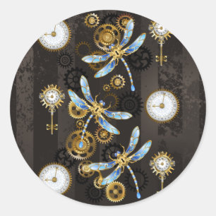 Steampunk Dragonflies op bruine gestreepte achterg Ronde Sticker